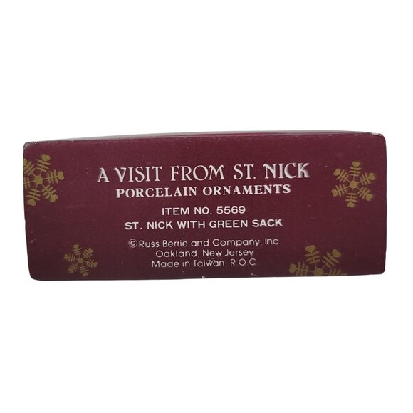 Russ Berrie Santa Ornament A Visit From St. Nick Porcelain #5569 With Green Sack - Picture 8 of 8